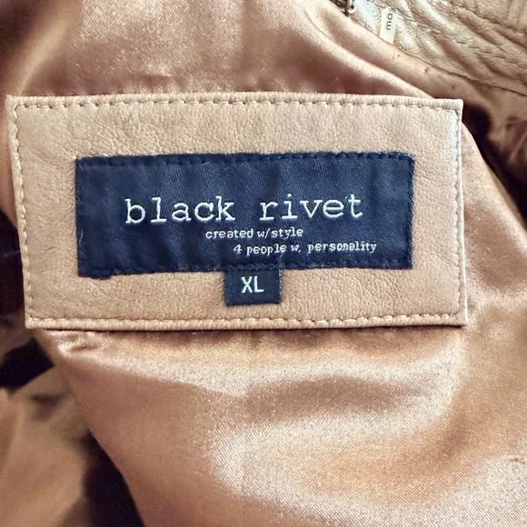 Black Rivet Soft Tan Leather Zippered Moto Bomber Jacket XL - Picture 6 of 8